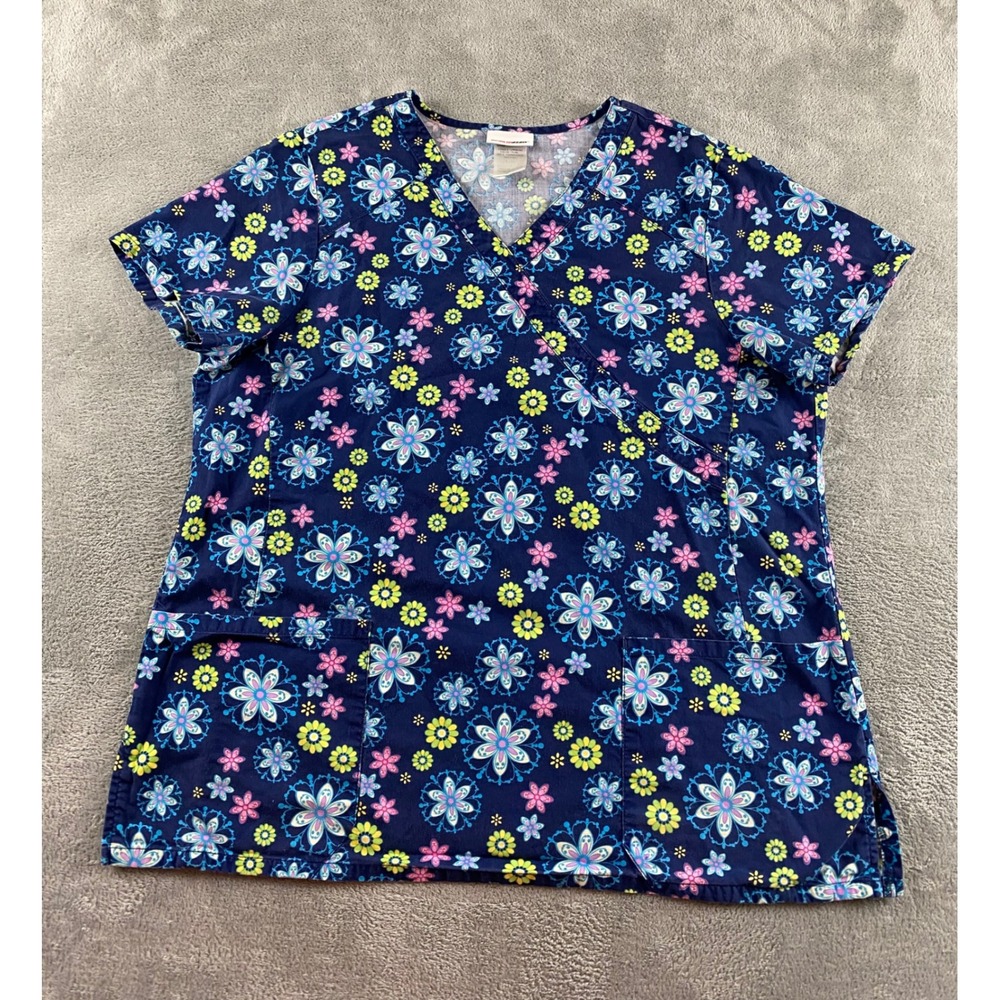 Scrubstar Womens Blue Floral Mandala Mock Wrap Scrub Top V-Neck Size L S04A765